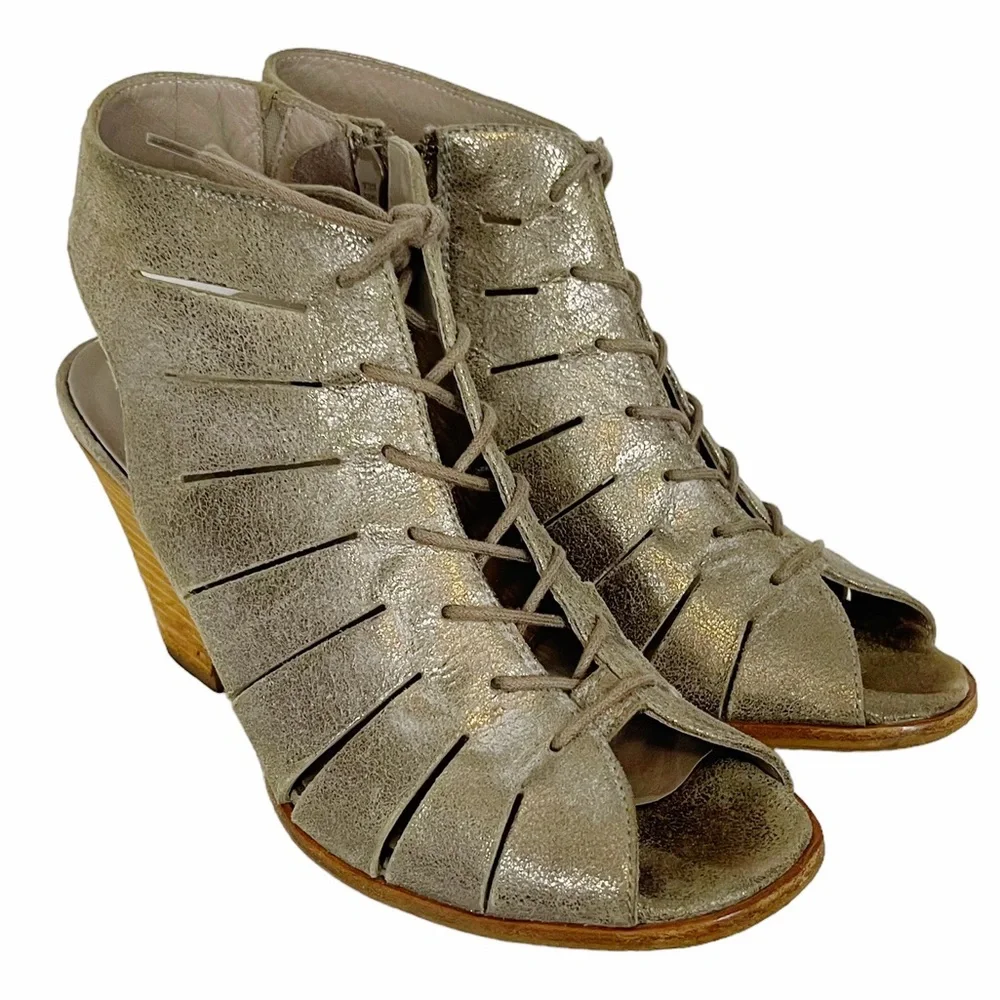 COSMO Paul Green Silver Metallic Cutout Leather Lace-up Peep Toe Ankle Bootie